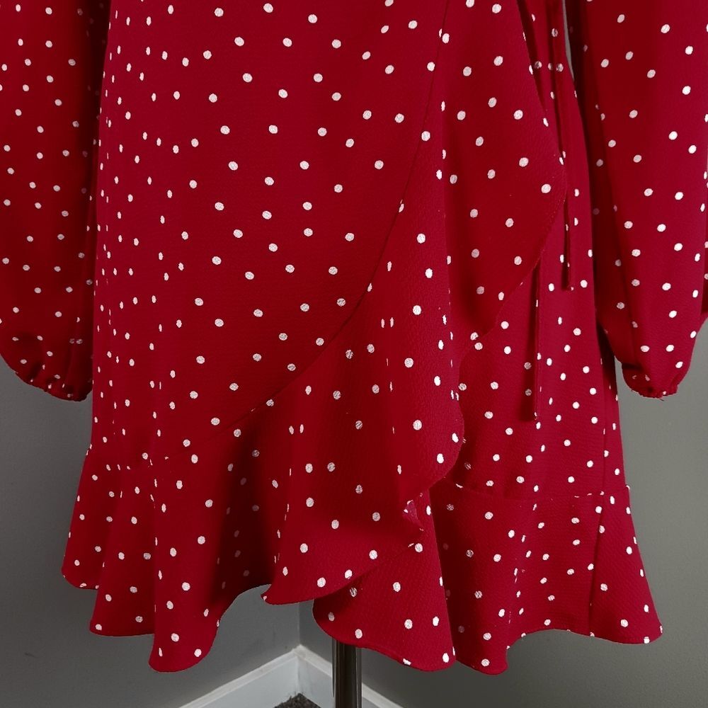 Ruffled Wrap Dress Mini White Poka Dot Burnt Orange Girly Glam Date Night Size M - Picture 4 of 11